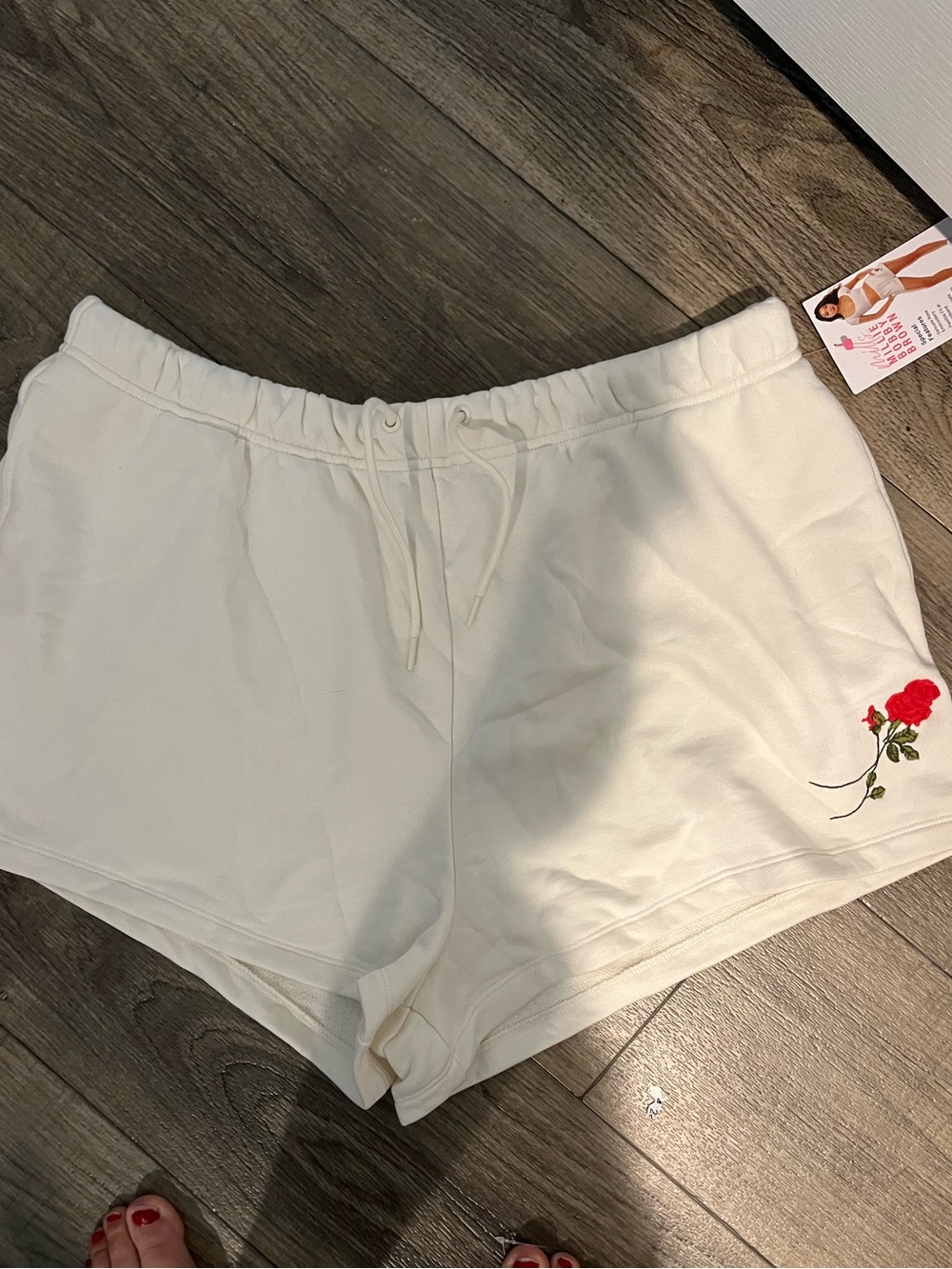 Cream Athletic Lounge Shorts with Red Rose Embroidery